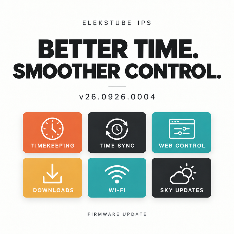EleksTube IPS firmware v26.0926.0004: better timekeeping and smoother control, with icons for time sync, web control, downloads, Wi-Fi and Sky updates