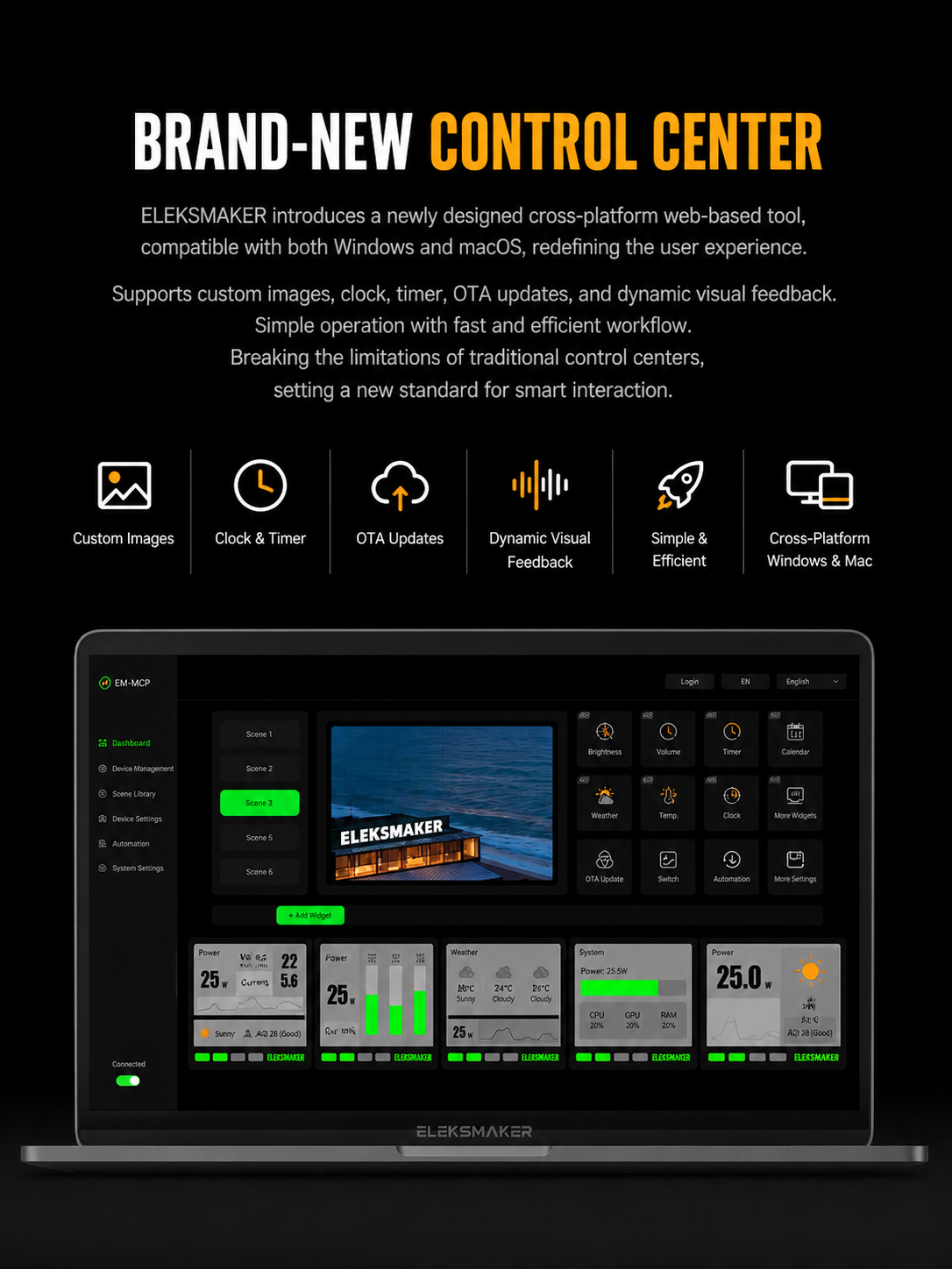 Advertisement for Eleksmaker's brand-new control center with features listed and a laptop displaying the software interface.