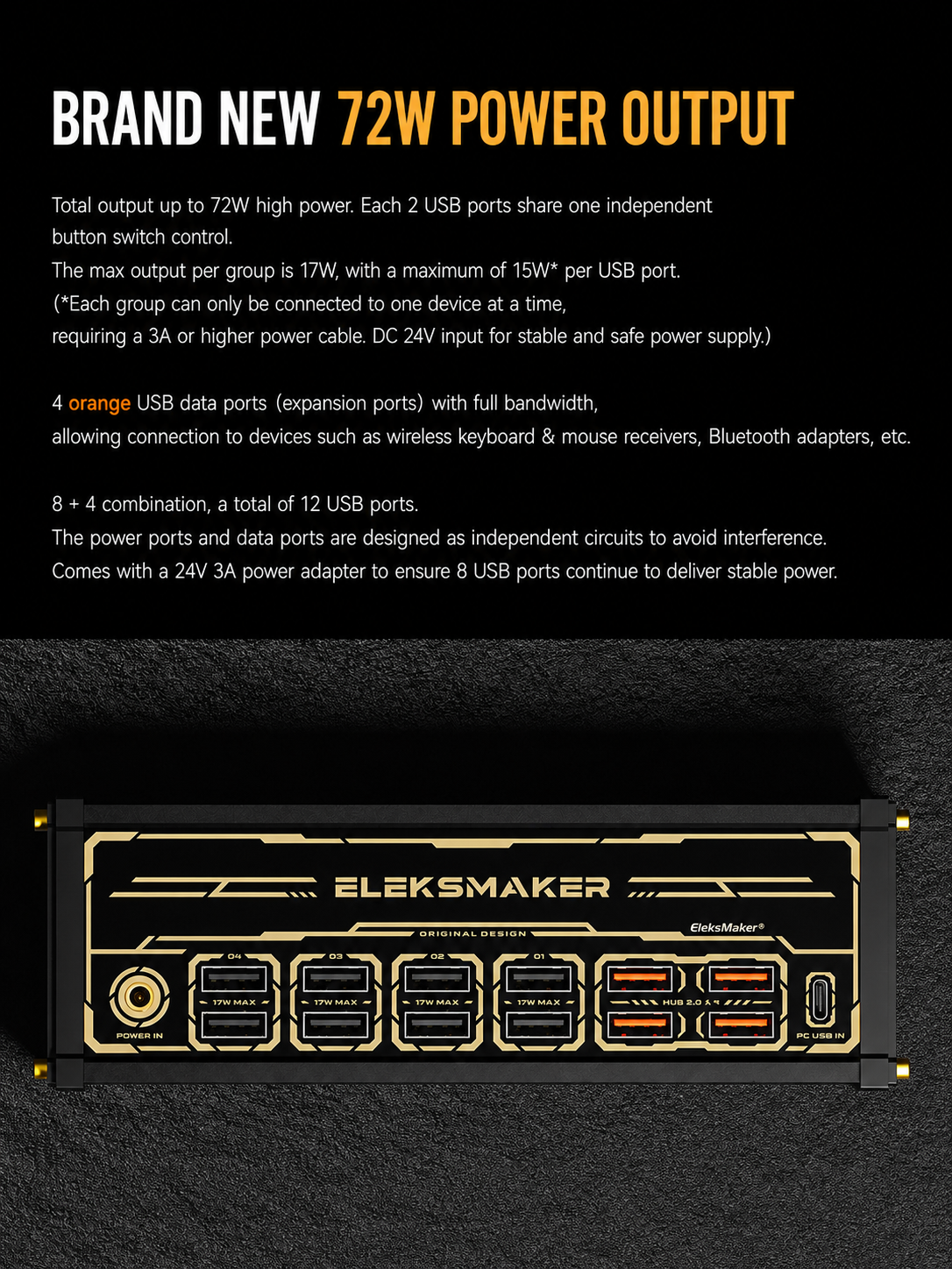 Power adapter with USB ports and technical specifications on a black background, featuring the brand 'Eleksmaker'.
