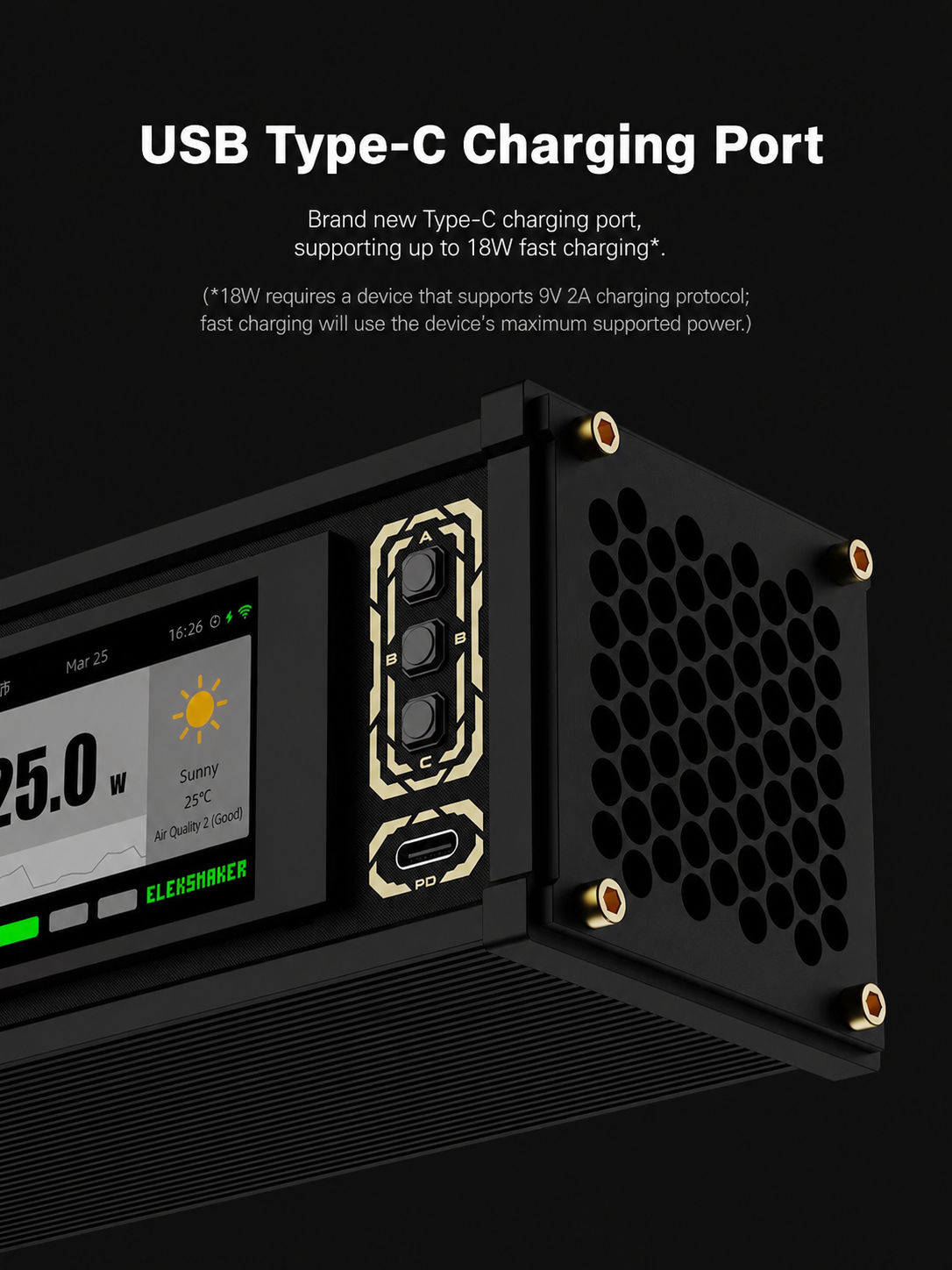 Black electronic device with USB Type-C charging port on a black background