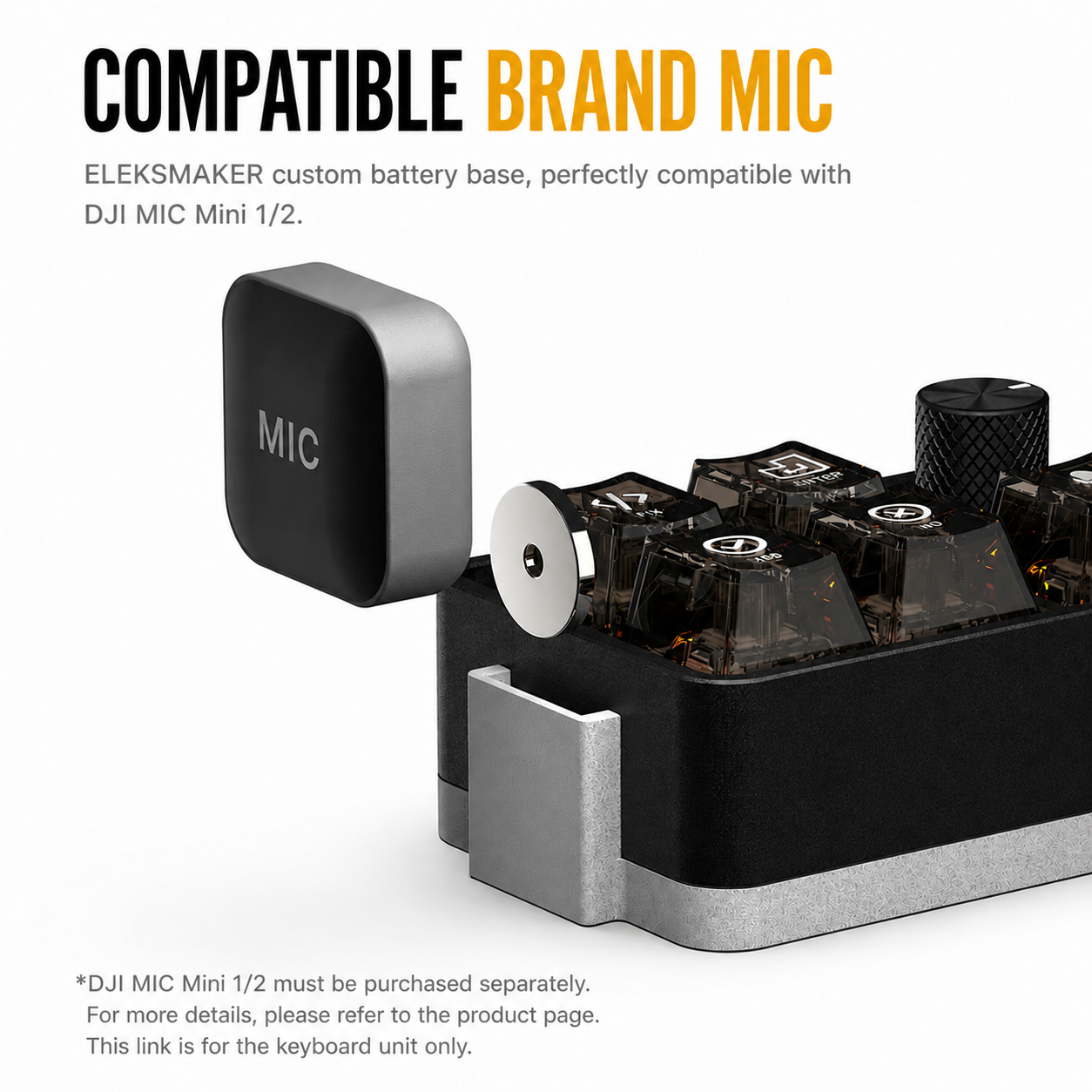 Custom battery base with compatible brand mic for DJI MIC Mini 1/2 on a white background