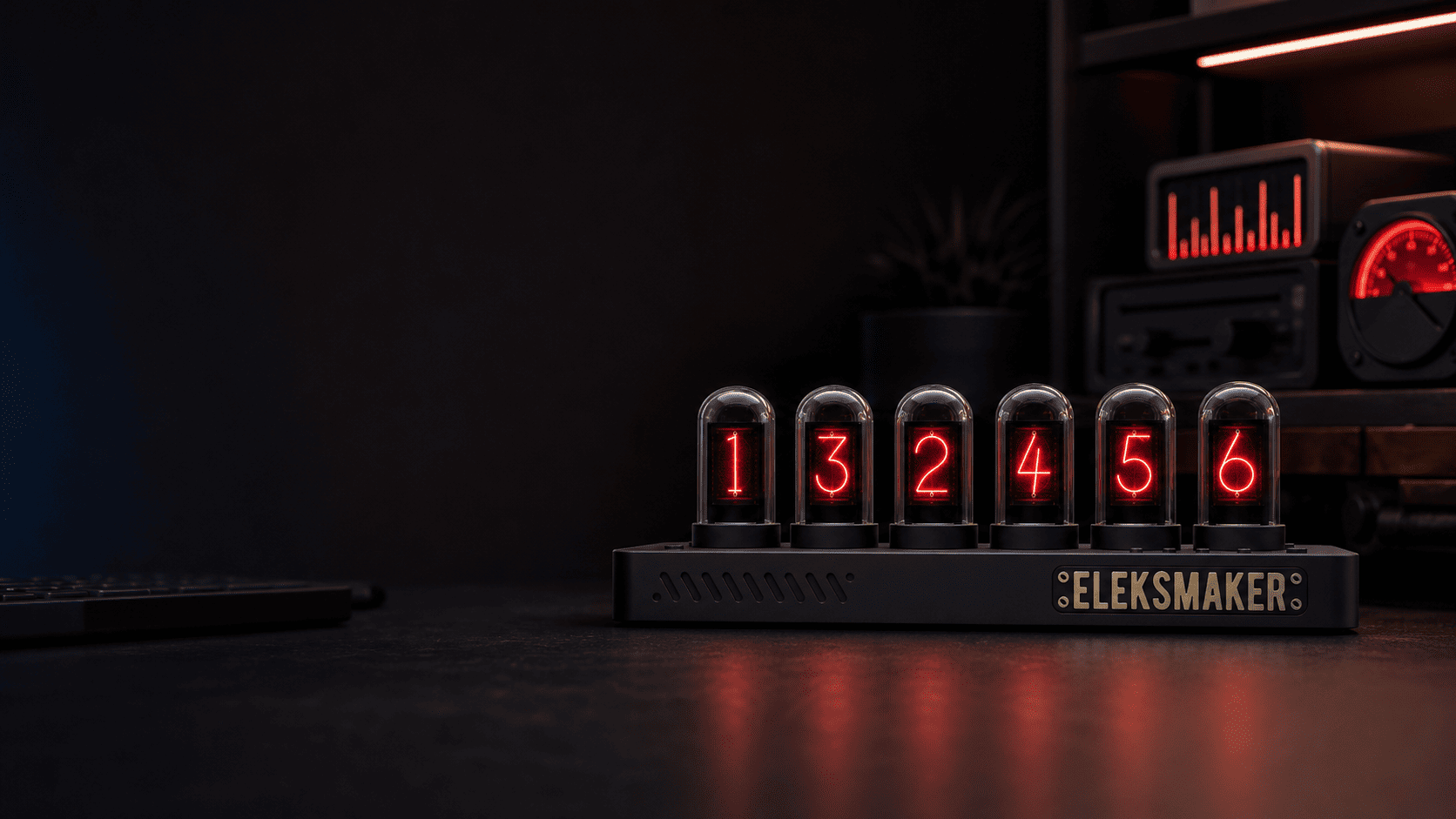 EleksMaker IPS Pro nixie tube clock displaying red digits on a dark desktop setup