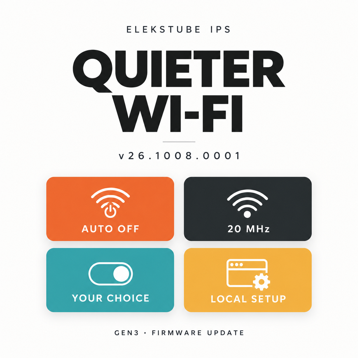 EleksTube IPS Gen3 firmware v26.1008.0001: Quieter Wi-Fi, with icons for auto off, 20 MHz, your choice and local setup.