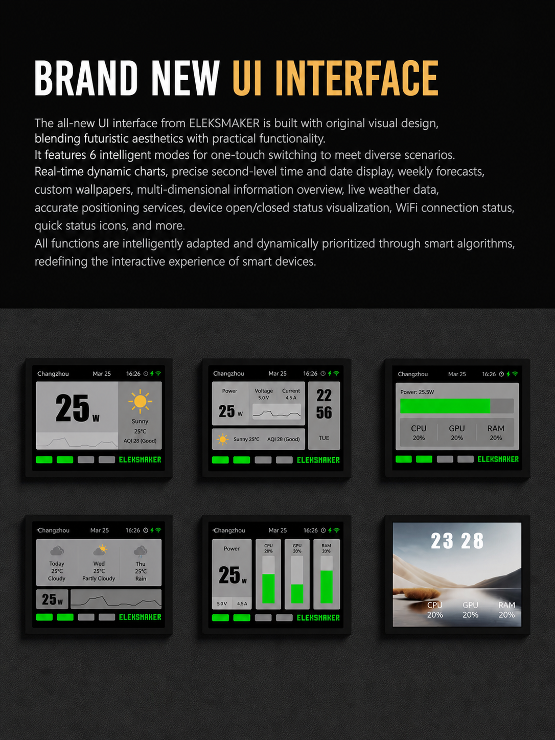 Promotional image of ELEKMAKER UI interface with text and multiple digital display screens.